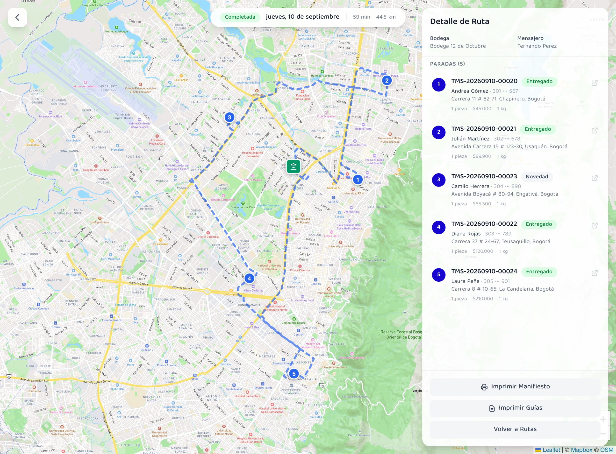 Ruta completada en Waygo: cinco paradas numeradas sobre el mapa de Bogotá, con su trazado, duración, distancia y el estado de cada entrega