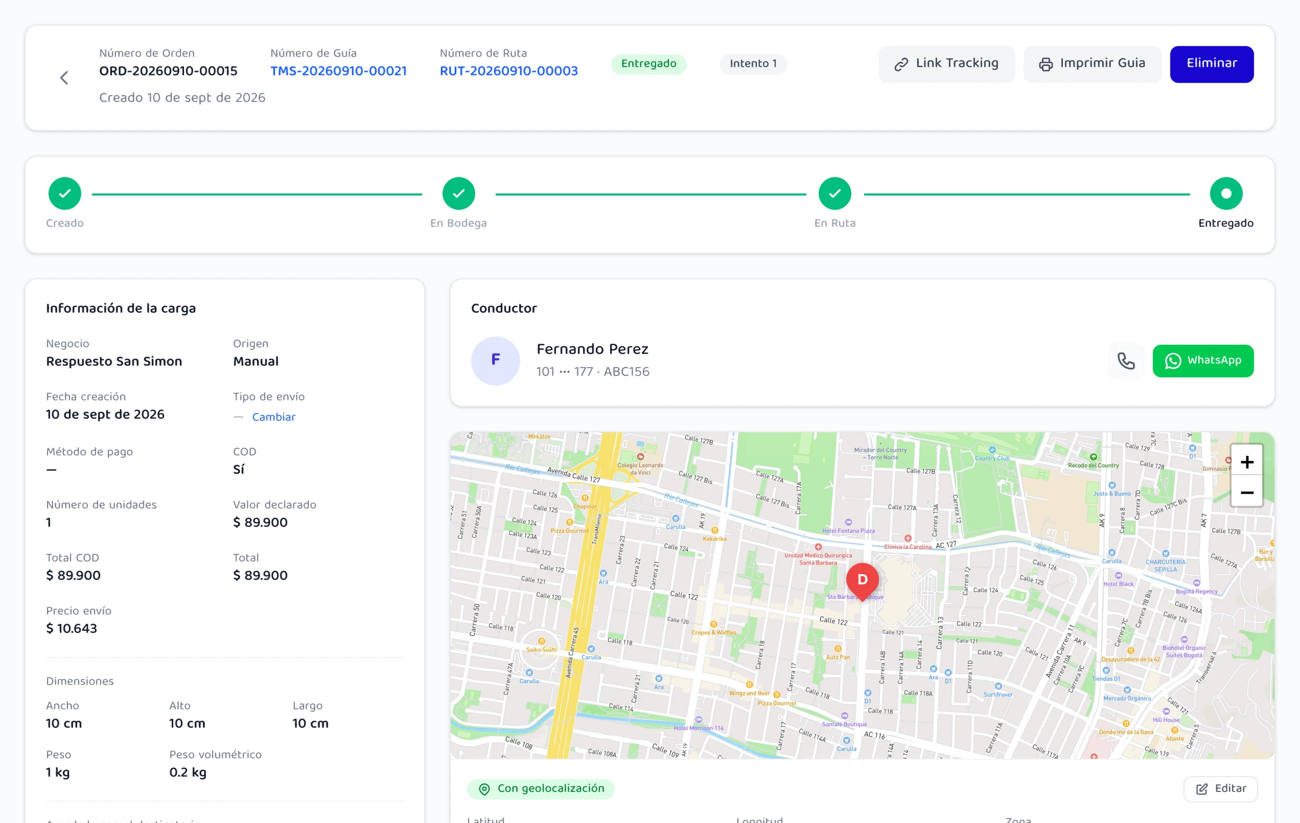 Detalle de un envío en Waygo: progreso de creado a entregado, información de la carga, conductor asignado y ubicación de entrega en el mapa