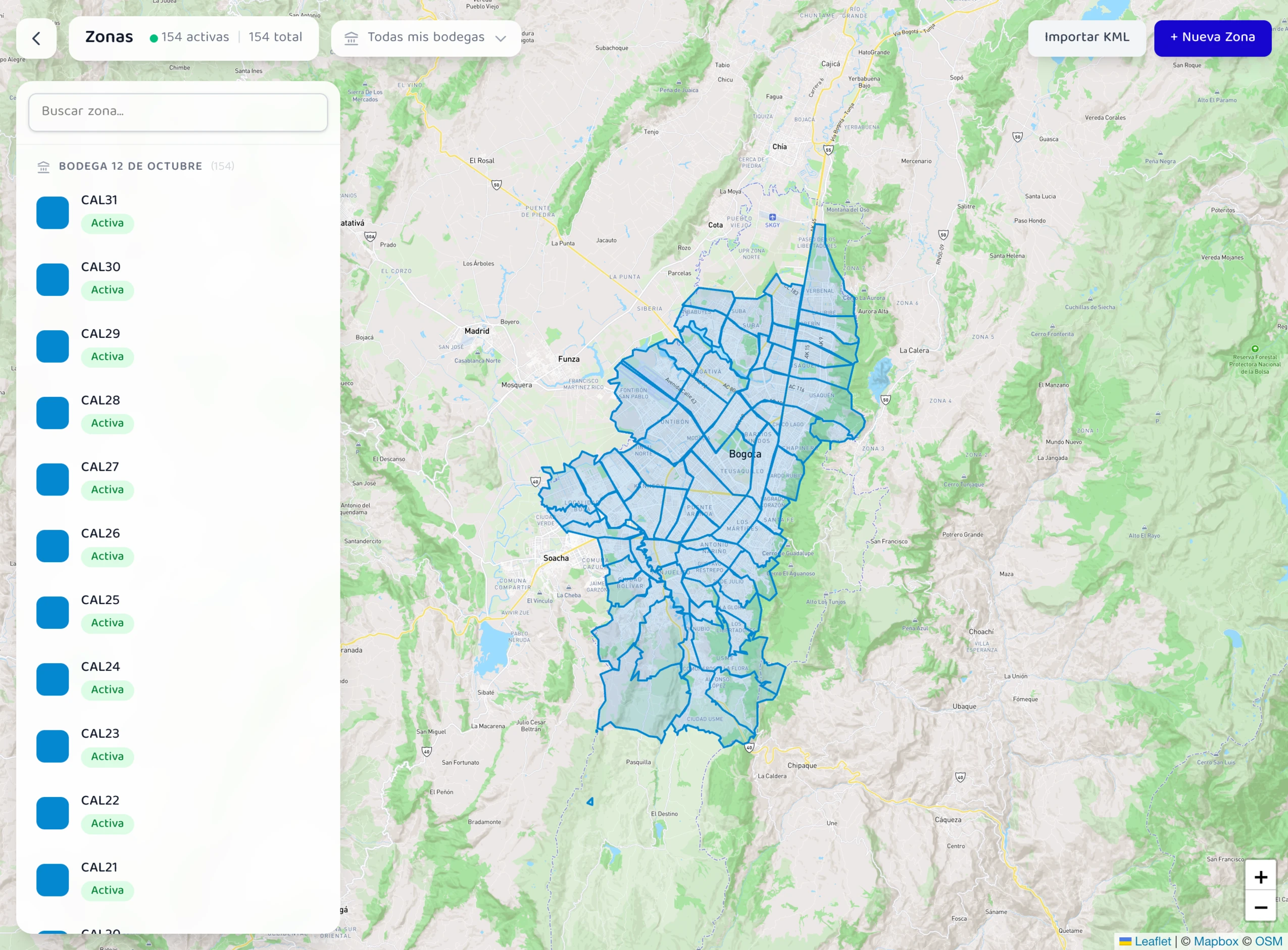 Mapa de zonas de Waygo: Bogotá dividida en 154 zonas de entrega dibujadas como polígonos, con el listado de zonas activas